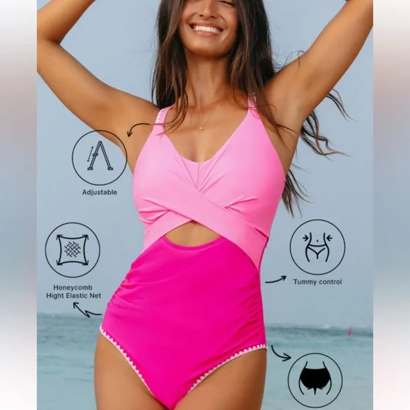 Pink Rose Red Ric Rac Trim Contrasted Cutout One Piece Swimsuit size 16 - Picture 7 of 11